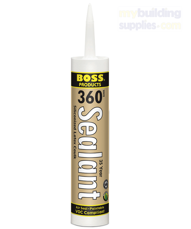 BOSS 360 Sealant Siliconized Latex - White, 4.5 Gallon. A mildew resistant, paintable, air seal and weatherization sealant formulated to provide long lasting, flexible, weatherproof seals between most common building materials including wood, masonry, concrete, brick, drywall, metal, and glass.  Its smooth, creamy consistency makes it easy to tool and it cures to a tough flexible seal. Can be used for both interior and exterior applications.