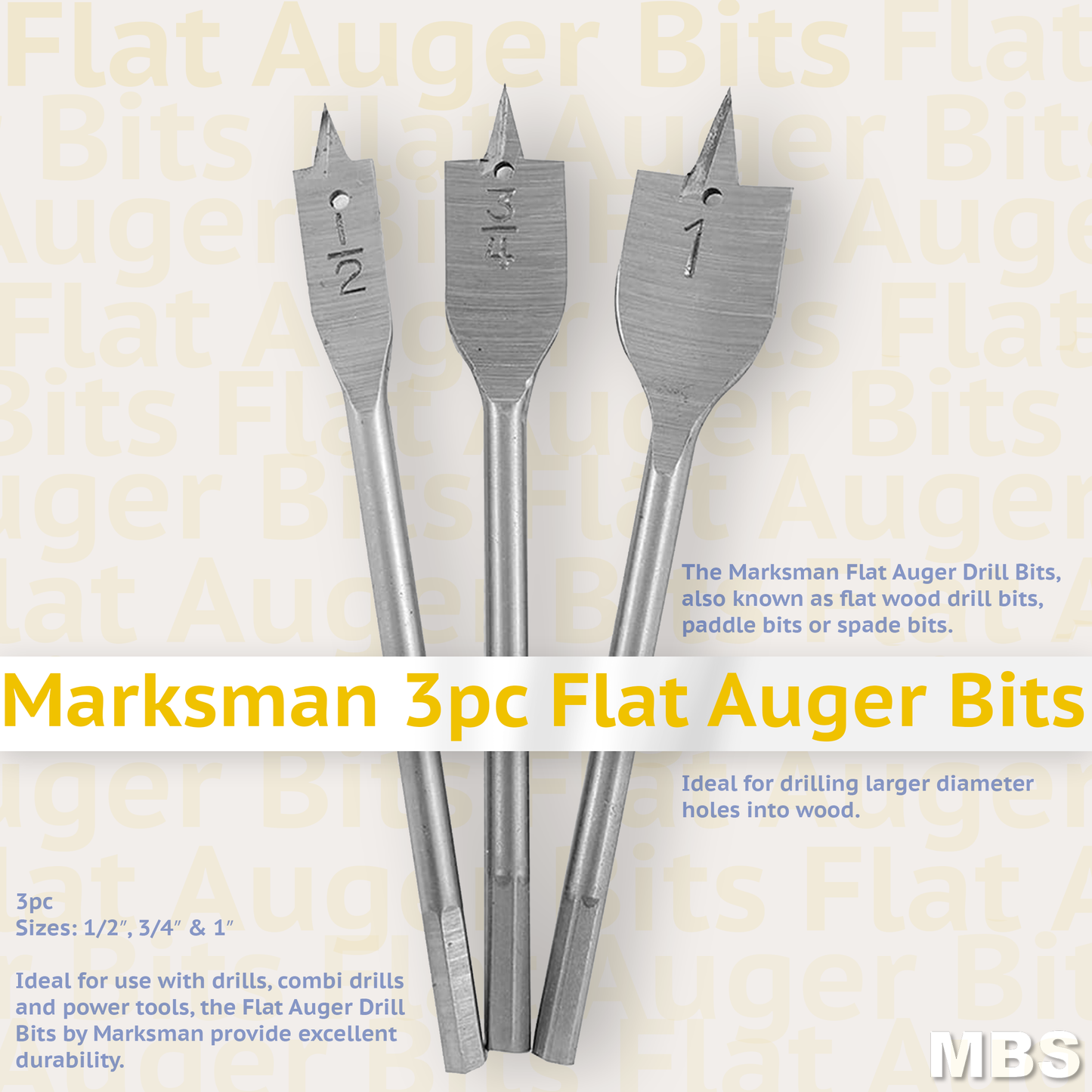 Marksman Flat Auger Drill Bits Set 3pc