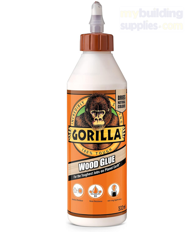 Gorilla Wood Glue, 532ml. For a strong, fast bond across a variety of wood surfaces, Gorilla Wood Glue is the hard-working, water resistant formula, perfect for indoor and outdoor use. It dries a natural wood colour so you’re guaranteed a clean-looking bond line for your projects. 