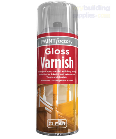 Paint Factory Gloss Varnish Spray Clear is quick drying with a bright finish, suitable for interior and exterior application. Provides excellent coverage and adhesion with no CFC.  Volume: 400ml Colour: Clear Type: Varnish Spray Finish: Gloss SKU: 1749PR Barcode: 5055319517492