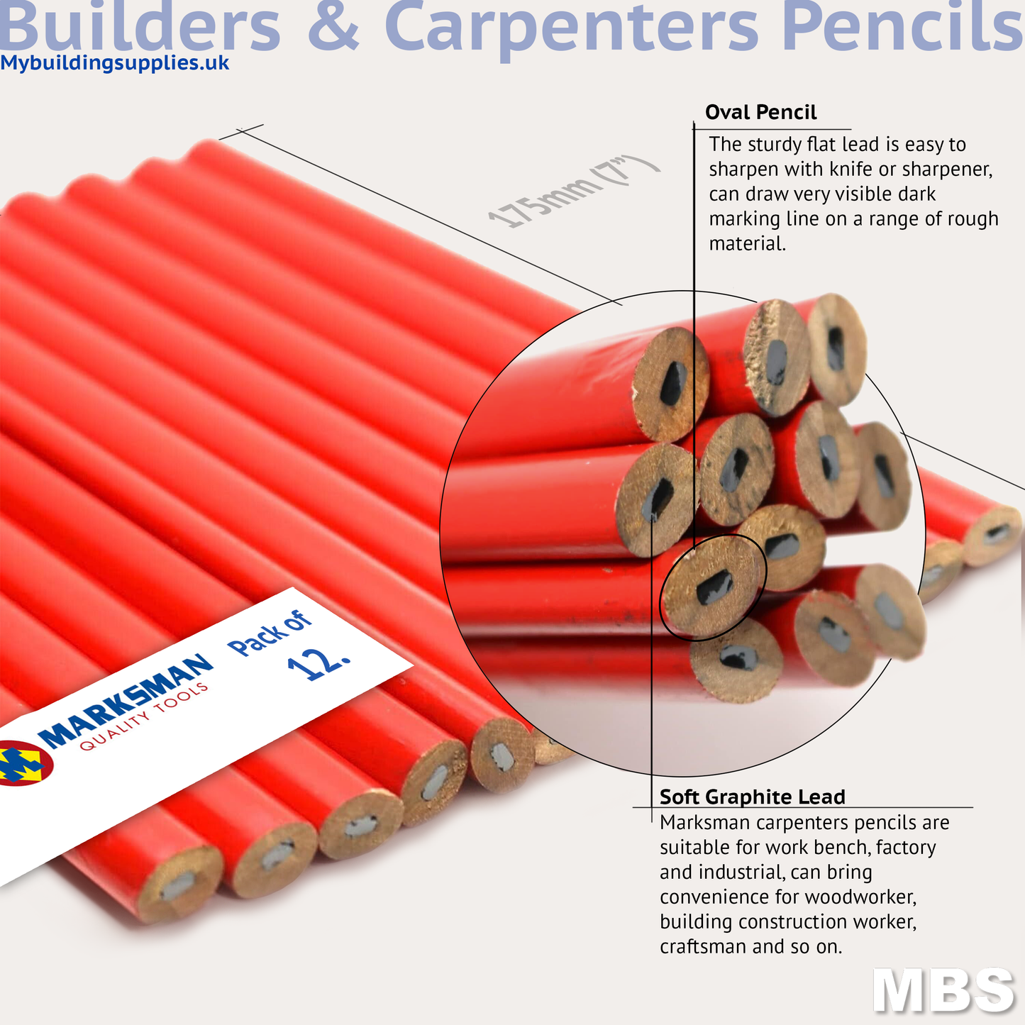 Carpenter Pencils 12pc of 175mm (7") Oval Shaped