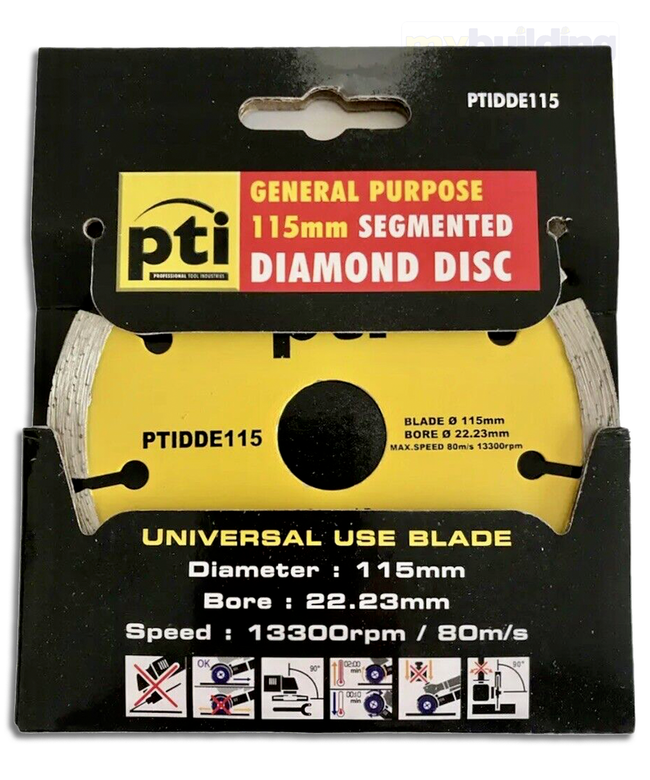 115mm Diamond Disc Diamond blade 115mm, suitable for angle grinders, b&q angle grinders, wood cutting, tile cutting, and concrete cutting. Blade: 115mm Bore: 22.23mm Max Speed: 13300rpm/80ms