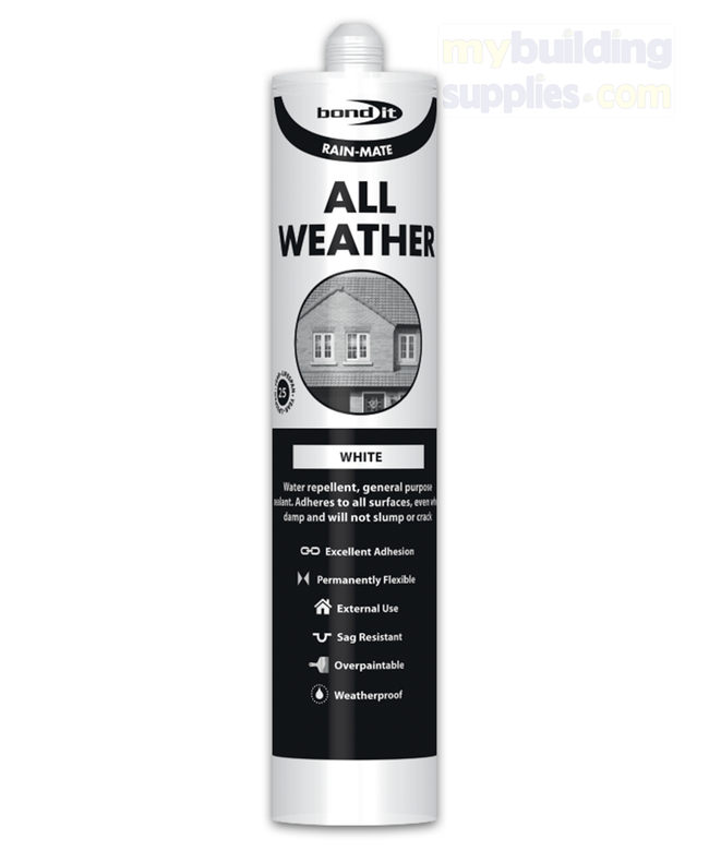 Bond It RAIN-MATE is a permanently flexible, water repellent and UV resistant, paintable sealant that will not crack or slump. It is suitable for use on brick, concrete, stone, all metals, painted or bare wood, glass, vinyl and most plastics. It is also compatible with bitumen and asphalt for roof repairs in damp conditions. It is ideal for sealing doors, windows, roofs, cladding, and vehicle bodies.