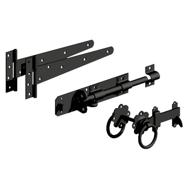 Gatemate Side Gate Kit: Tee Hinge, Bolt & Ring Latch Black